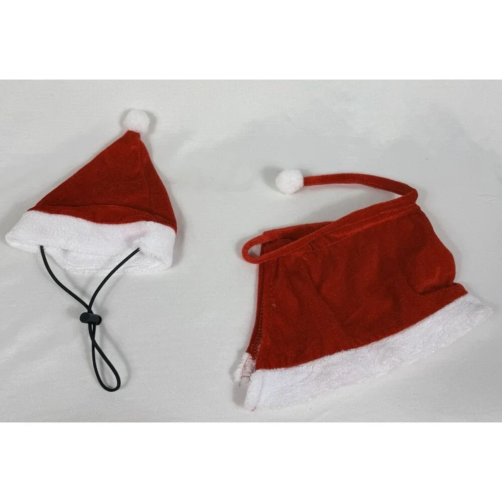 Pet Santa Christmas Red Hat and Collar Adjustable Straps with White Border